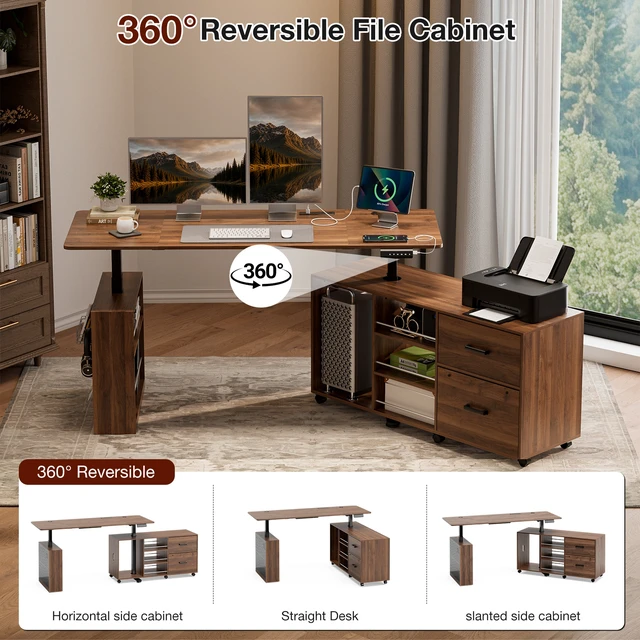 Alt view image 4 of 7 - 63 Inch l Shaped Electric Standing Desk with Drawers, Power Outlet and Storage Height Adjustable Corner Desk
