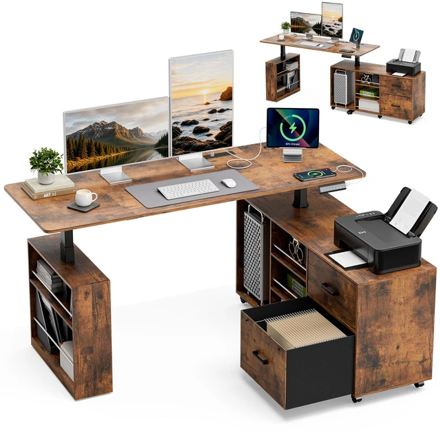 Main image of 63 Inch l Shaped Electric Standing Desk with Drawers, Power Outlet and Storage Height Adjustable Corner Desk