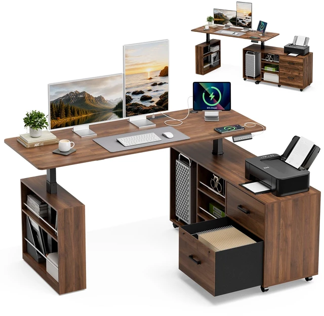 Main image of 63 Inch l Shaped Electric Standing Desk with Drawers, Power Outlet and Storage Height Adjustable Corner Desk