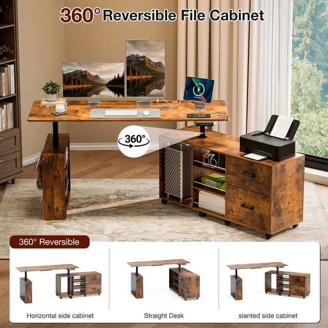 Alt view image 4 of 7 - 63 Inch l Shaped Electric Standing Desk with Drawers, Power Outlet and Storage Height Adjustable Corner Desk