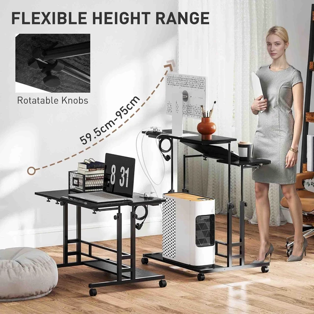 Alt view image 6 of 7 - Height Adjustable Standing Desk with Power Outlets, Stand Desk with Tiltable Tabletop Lockable Wheels Bottom Shelf