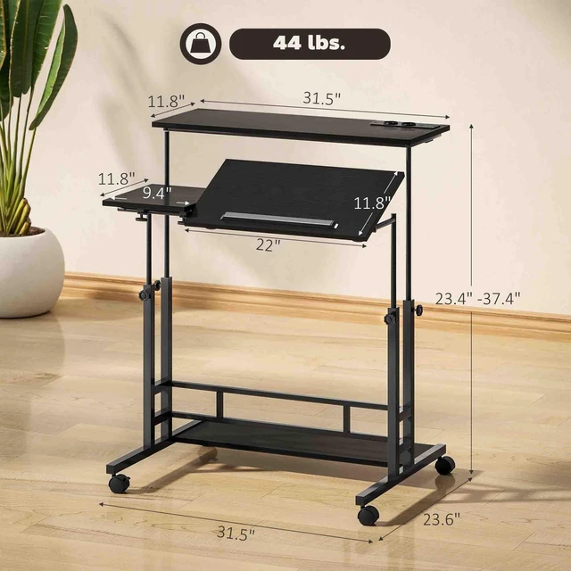Alt view image 7 of 7 - Height Adjustable Standing Desk with Power Outlets, Stand Desk with Tiltable Tabletop Lockable Wheels Bottom Shelf