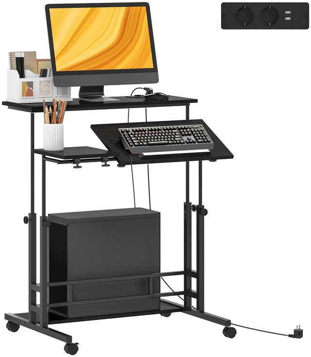 Main image of Height Adjustable Standing Desk with Power Outlets, Stand Desk with Tiltable Tabletop Lockable Wheels Bottom Shelf