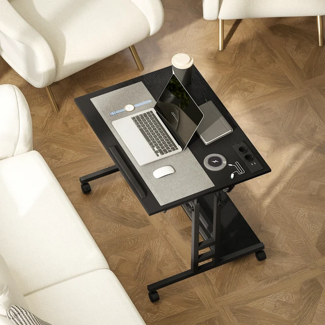 Alt view image 2 of 7 - Height Adjustable Standing Desk with Power Outlets, Stand Desk with Tiltable Tabletop Lockable Wheels Bottom Shelf