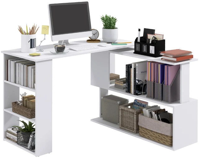 Main image of 47 Inch l Shaped Desk, Corner Computer Desk Degree Rotating with Storage Shelves Writing Table Workstation, White