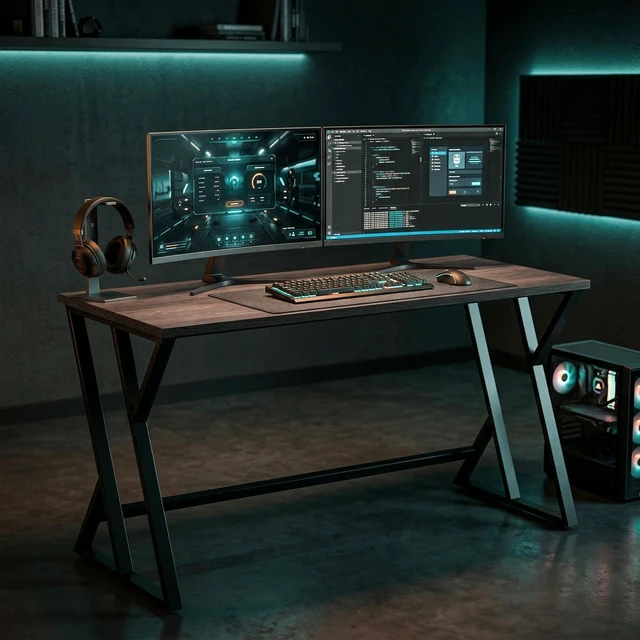Alt view image 2 of 7 - 55 Inch Computer Desk, Writing Desk with Shaped Metal Leg Study Table for Small Spaces Distressed, Distressed Black