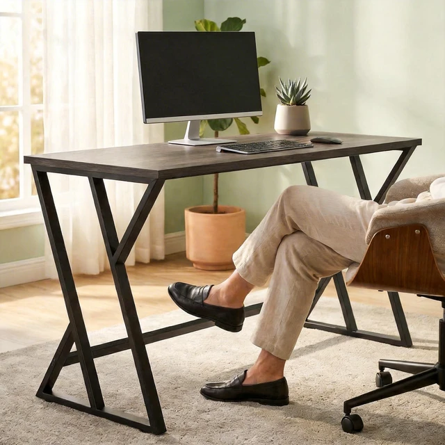 Alt view image 4 of 7 - 55 Inch Computer Desk, Writing Desk with Shaped Metal Leg Study Table for Small Spaces Distressed, Distressed Black