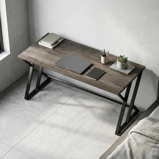 Alt view image 3 of 7 - 55 Inch Computer Desk, Writing Desk with Shaped Metal Leg Study Table for Small Spaces Distressed, Distressed Black