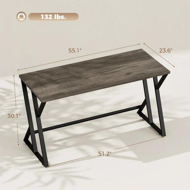 Alt view image 7 of 7 - 55 Inch Computer Desk, Writing Desk with Shaped Metal Leg Study Table for Small Spaces Distressed, Distressed Black