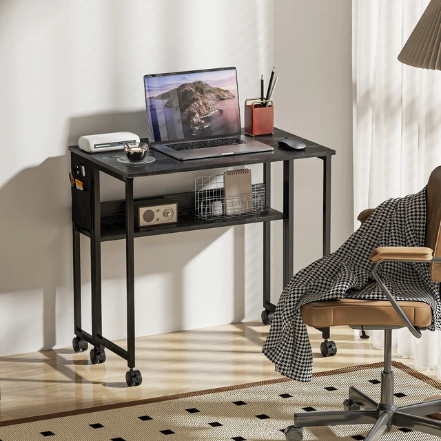 Alt view image 3 of 7 - Small Folding Desk, Rolling Computer Desk Foldable with Storage Bag and Shelf 31.5 Inch Portable Writing Table Wheels