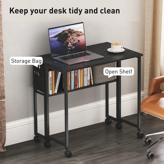 Alt view image 5 of 7 - Small Folding Desk, Rolling Computer Desk Foldable with Storage Bag and Shelf 31.5 Inch Portable Writing Table Wheels
