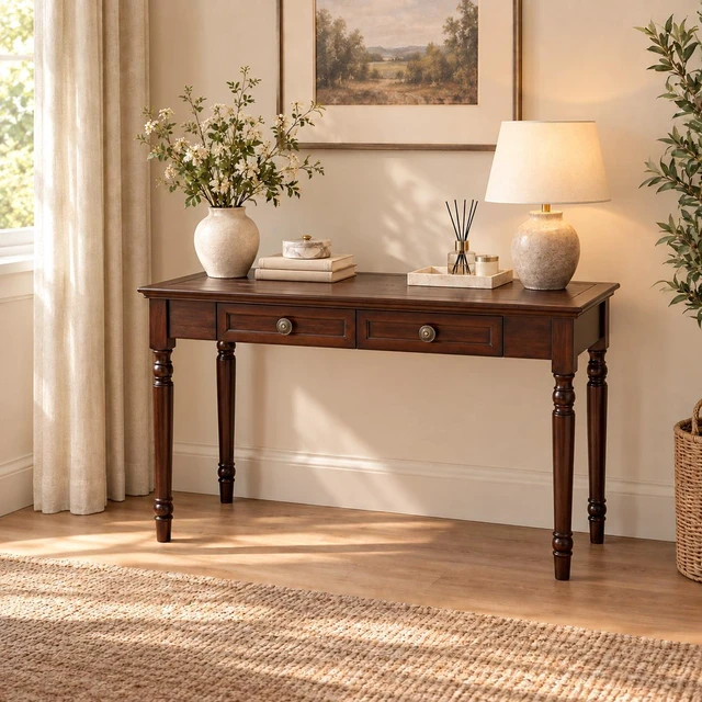 Main image of Writing Desk, Wooden Desk Solid Writing with Drawers 47 Inch with 2 Drawers French Country Walnut, Pine, Work Surfaces