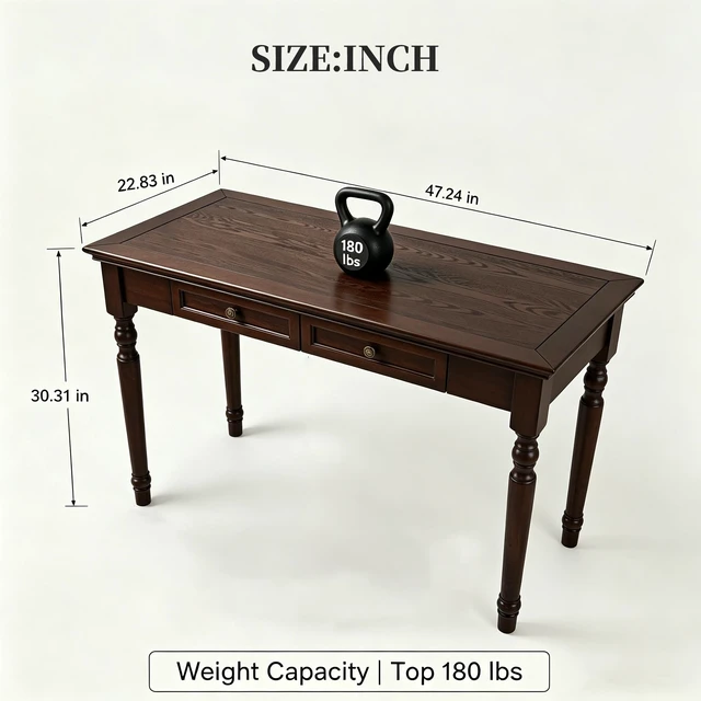 Alt view image 2 of 7 - Writing Desk, Wooden Desk Solid Writing with Drawers 47 Inch with 2 Drawers French Country Walnut, Pine, Work Surfaces