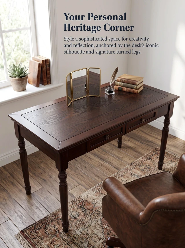 Alt view image 6 of 7 - Writing Desk, Wooden Desk Solid Writing with Drawers 47 Inch with 2 Drawers French Country Walnut, Pine, Work Surfaces