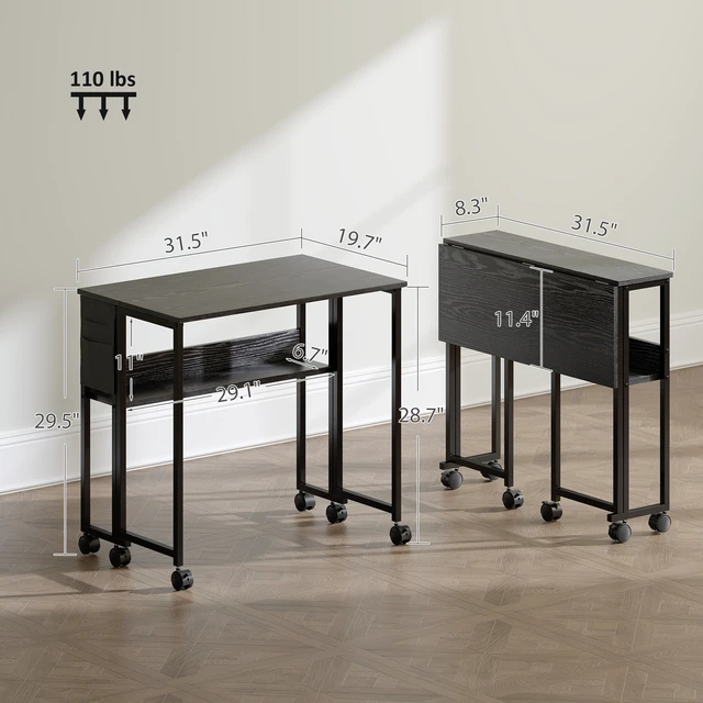 Alt view image 7 of 7 - Small Folding Desk, Rolling Computer Desk Foldable with Storage Bag and Shelf 31.5 Inch Portable Writing Table Wheels