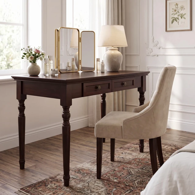Alt view image 3 of 7 - Writing Desk, Wooden Desk Solid Writing with Drawers 47 Inch with 2 Drawers French Country Walnut, Pine, Work Surfaces