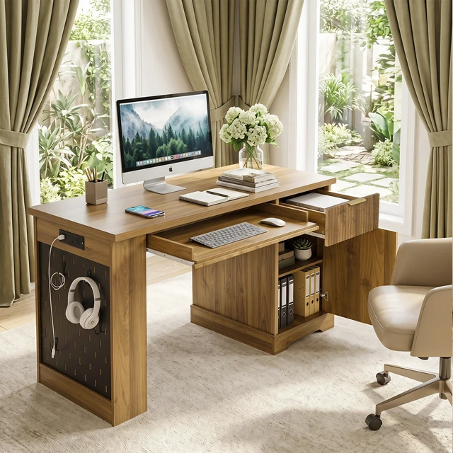 Alt view image 2 of 7 - 55 Inch Fluted Desk with Storage Cabinet and Drawers, Computer Writing Desk with Power Outlet Pegboard Built in Shelves