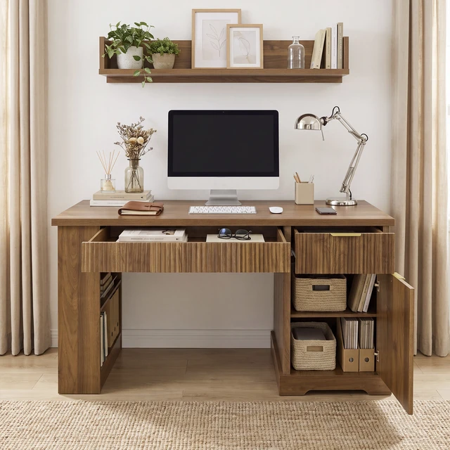 Alt view image 4 of 7 - 55 Inch Fluted Desk with Storage Cabinet and Drawers, Computer Writing Desk with Power Outlet Pegboard Built in Shelves