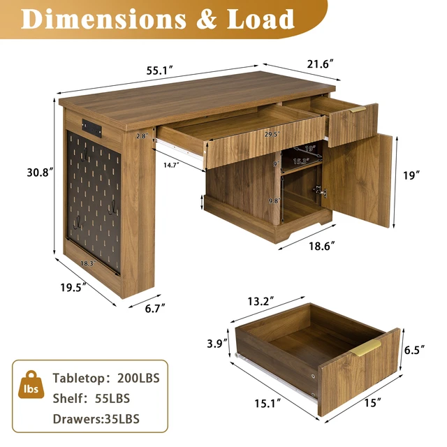 Alt view image 5 of 7 - 55 Inch Fluted Desk with Storage Cabinet and Drawers, Computer Writing Desk with Power Outlet Pegboard Built in Shelves