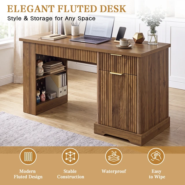 Alt view image 7 of 7 - 55 Inch Fluted Desk with Storage Cabinet and Drawers, Computer Writing Desk with Power Outlet Pegboard Built in Shelves