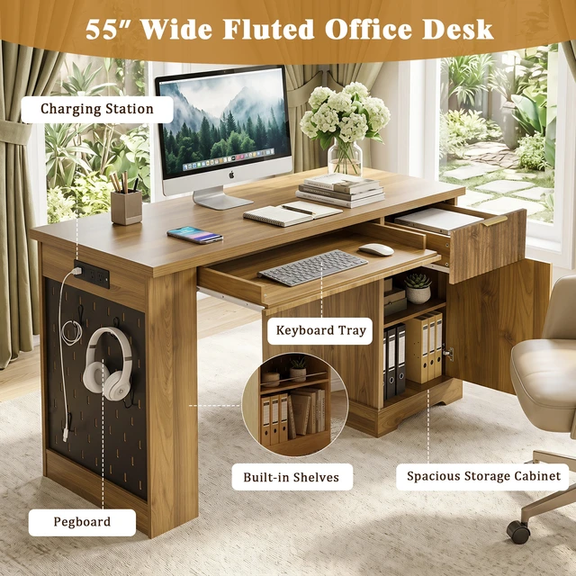 Alt view image 6 of 7 - 55 Inch Fluted Desk with Storage Cabinet and Drawers, Computer Writing Desk with Power Outlet Pegboard Built in Shelves