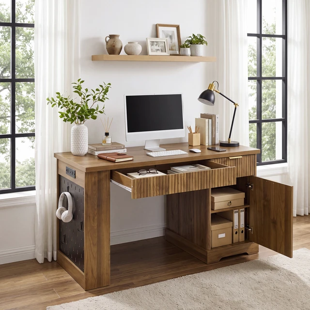 Alt view image 3 of 7 - 55 Inch Fluted Desk with Storage Cabinet and Drawers, Computer Writing Desk with Power Outlet Pegboard Built in Shelves