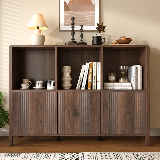 Main image of 3 Door Storage Cabinet, Freestanding Bookshelf with Open Display Shelves Fluted Door Panels Push To-Open Bookcase