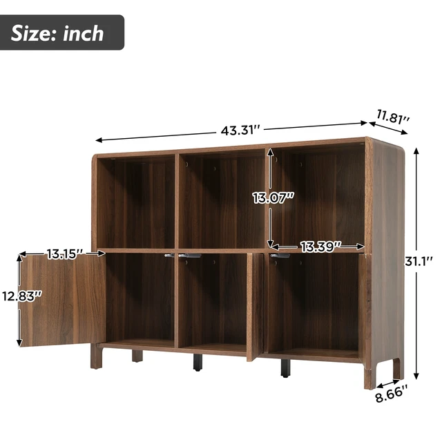 Alt view image 2 of 7 - 3 Door Storage Cabinet, Freestanding Bookshelf with Open Display Shelves Fluted Door Panels Push To-Open Bookcase