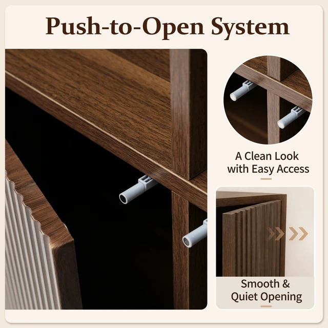 Alt view image 4 of 7 - 3 Door Storage Cabinet, Freestanding Bookshelf with Open Display Shelves Fluted Door Panels Push To-Open Bookcase