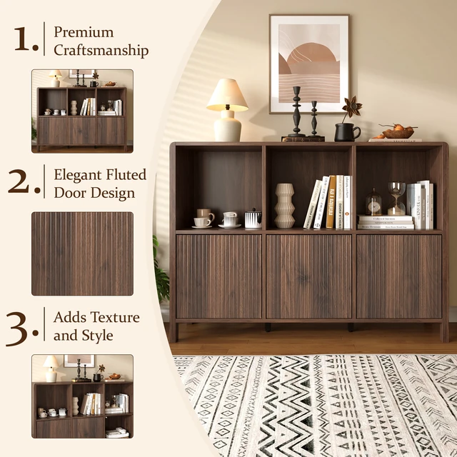 Alt view image 5 of 7 - 3 Door Storage Cabinet, Freestanding Bookshelf with Open Display Shelves Fluted Door Panels Push To-Open Bookcase
