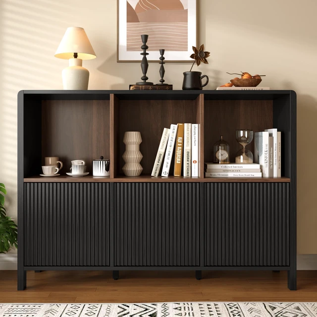 Main image of 3 Door Storage Cabinet, Freestanding Bookshelf with Open Display Shelves Fluted Door Panels Push To-Open Bookcase
