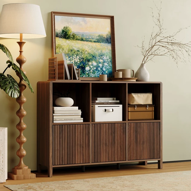 Alt view image 7 of 7 - 3 Door Storage Cabinet, Freestanding Bookshelf with Open Display Shelves Fluted Door Panels Push To-Open Bookcase