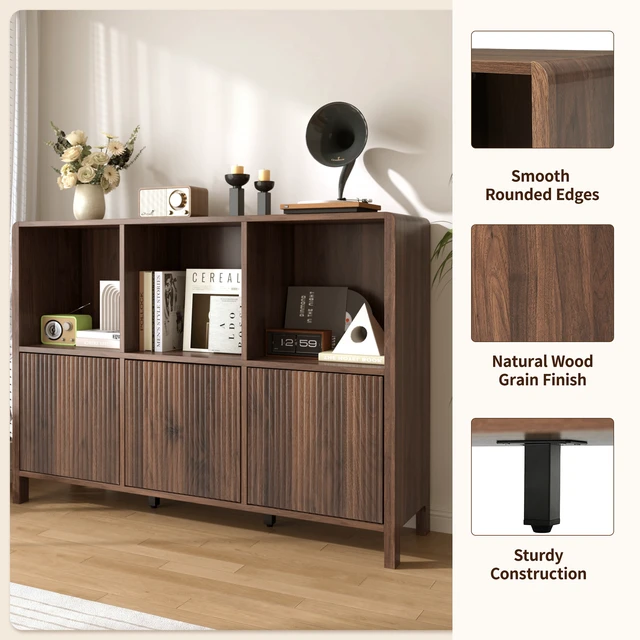 Alt view image 3 of 7 - 3 Door Storage Cabinet, Freestanding Bookshelf with Open Display Shelves Fluted Door Panels Push To-Open Bookcase