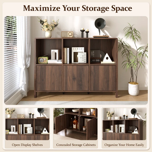 Alt view image 6 of 7 - 3 Door Storage Cabinet, Freestanding Bookshelf with Open Display Shelves Fluted Door Panels Push To-Open Bookcase