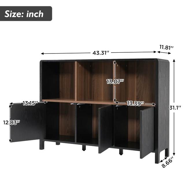 Alt view image 2 of 7 - 3 Door Storage Cabinet, Freestanding Bookshelf with Open Display Shelves Fluted Door Panels Push To-Open Bookcase