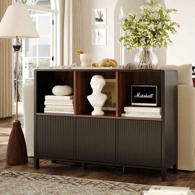 Alt view image 7 of 7 - 3 Door Storage Cabinet, Freestanding Bookshelf with Open Display Shelves Fluted Door Panels Push To-Open Bookcase