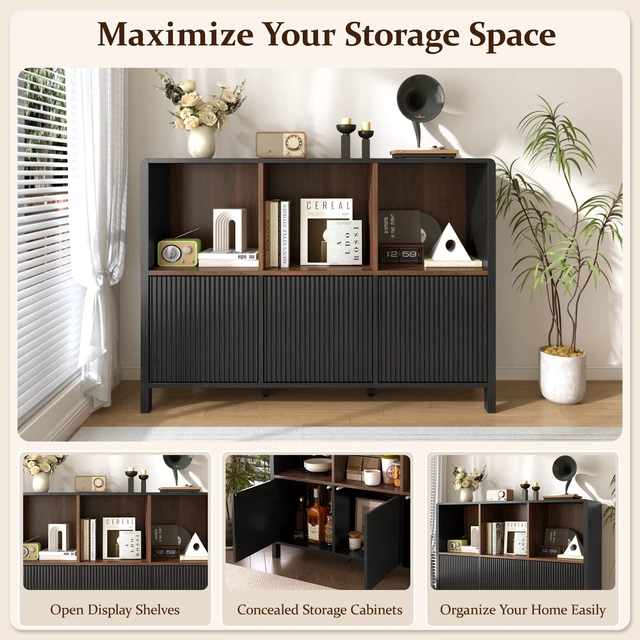 Alt view image 5 of 7 - 3 Door Storage Cabinet, Freestanding Bookshelf with Open Display Shelves Fluted Door Panels Push To-Open Bookcase
