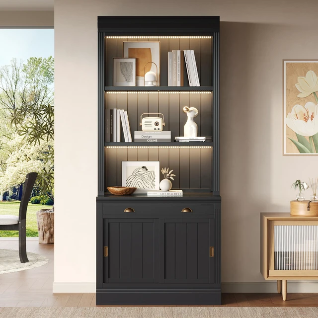 Alt view image 2 of 7 - 83.4 Inch Tall Bookshelf with 3 Pieces LED Lighting, Bookcase with Sliding Doors and Open Shelves Storage