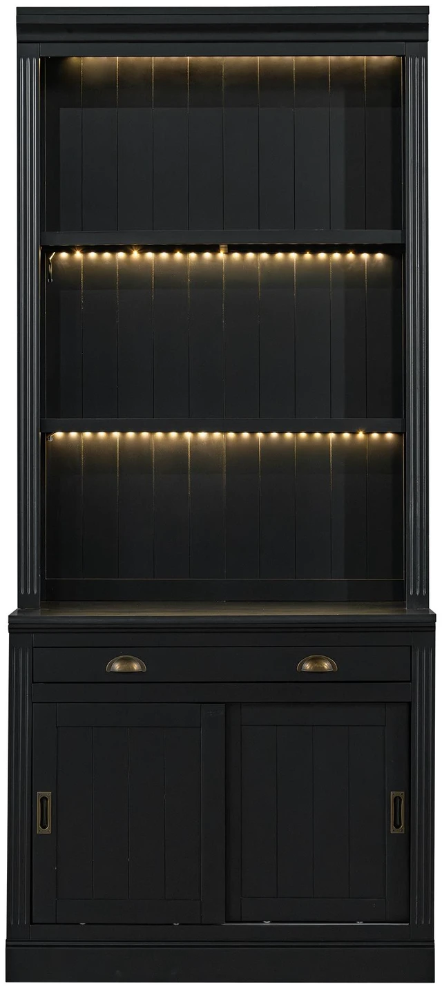 Alt view image 5 of 7 - 83.4 Inch Tall Bookshelf with 3 Pieces LED Lighting, Bookcase with Sliding Doors and Open Shelves Storage