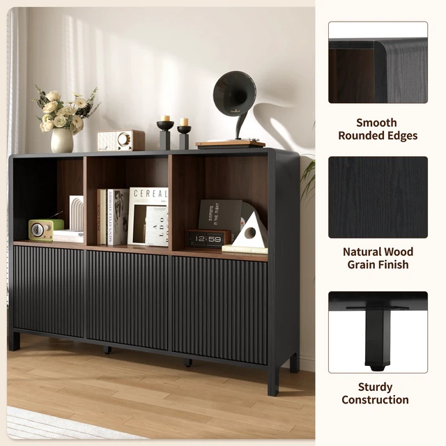 Alt view image 4 of 7 - 3 Door Storage Cabinet, Freestanding Bookshelf with Open Display Shelves Fluted Door Panels Push To-Open Bookcase