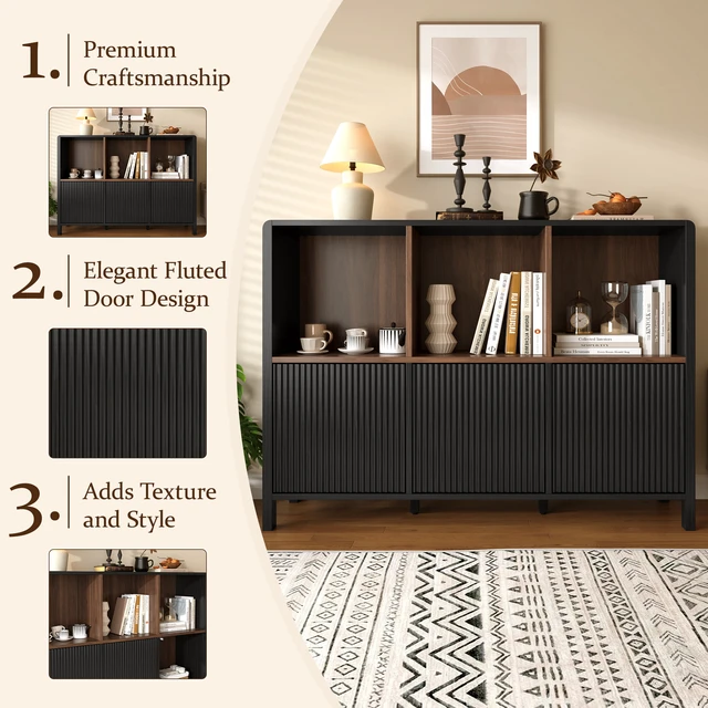 Alt view image 6 of 7 - 3 Door Storage Cabinet, Freestanding Bookshelf with Open Display Shelves Fluted Door Panels Push To-Open Bookcase