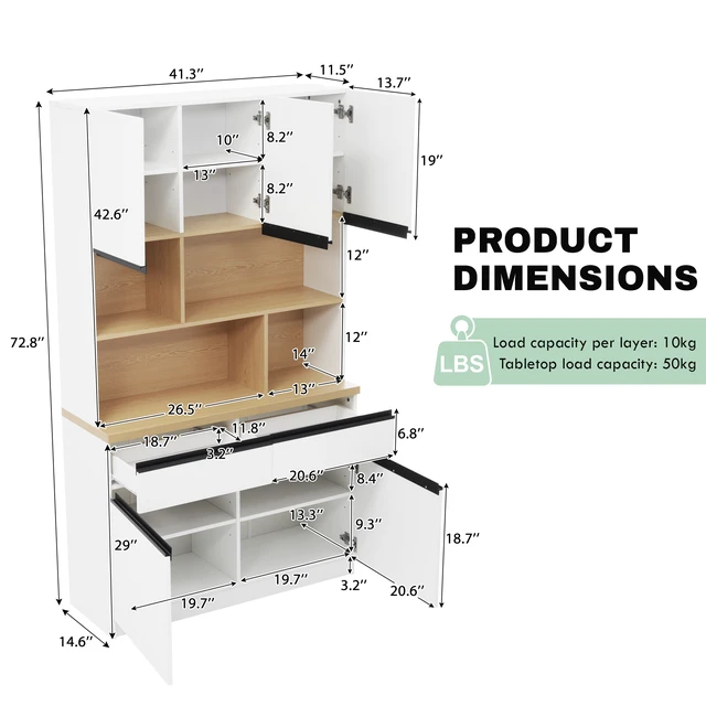 Alt view image 2 of 7 - Large Storage Cabinet with 5 Doors, Open Bookshelf 2 Drawers and Adjustable Shelves 72.8 Inch Sideboard Buffet Cabinet