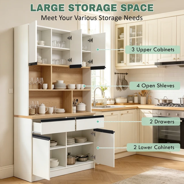 Alt view image 5 of 7 - Large Storage Cabinet with 5 Doors, Open Bookshelf 2 Drawers and Adjustable Shelves 72.8 Inch Sideboard Buffet Cabinet