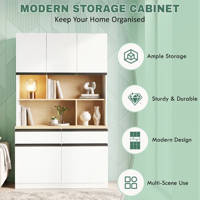 Alt view image 4 of 7 - Large Storage Cabinet with 5 Doors, Open Bookshelf 2 Drawers and Adjustable Shelves 72.8 Inch Sideboard Buffet Cabinet