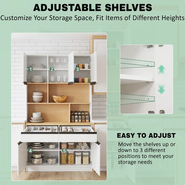 Alt view image 6 of 7 - Large Storage Cabinet with 5 Doors, Open Bookshelf 2 Drawers and Adjustable Shelves 72.8 Inch Sideboard Buffet Cabinet