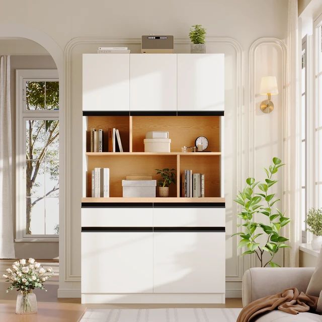 Alt view image 7 of 7 - Large Storage Cabinet with 5 Doors, Open Bookshelf 2 Drawers and Adjustable Shelves 72.8 Inch Sideboard Buffet Cabinet