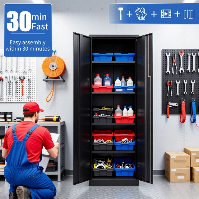 Alt view image 5 of 7 - Lockable Metal Storage Cabinet with Digital Keypad, 71 Inch Tall Steel Utility Cabinet with Adjustable Shelves 150 LBS