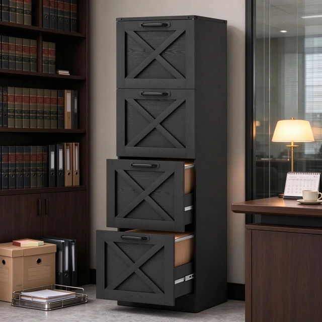 Main image of Vertical Storage Drawer Cabinet Pattern Printer Stand, 4 Drawers Organizer Fits Letter Size Files, Black, Particle