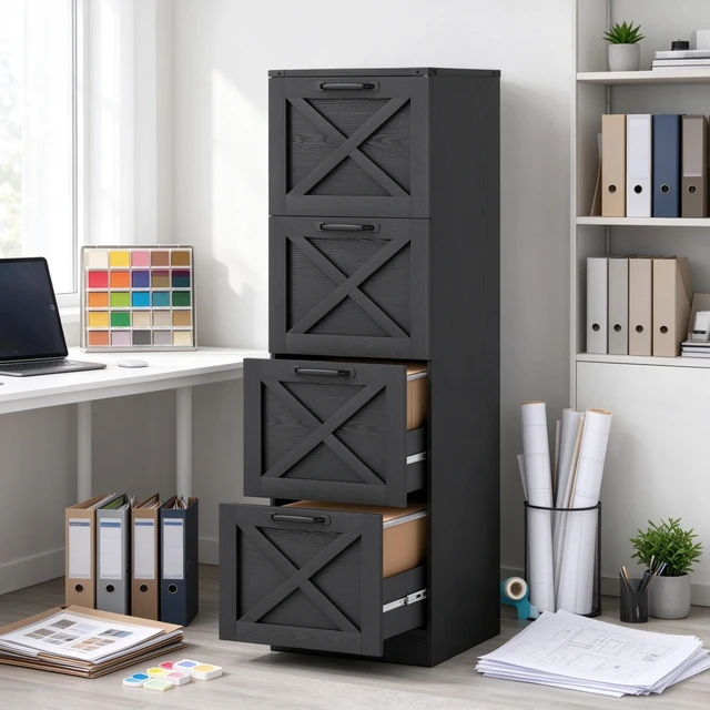 Alt view image 2 of 7 - Vertical Storage Drawer Cabinet Pattern Printer Stand, 4 Drawers Organizer Fits Letter Size Files, Black, Particle