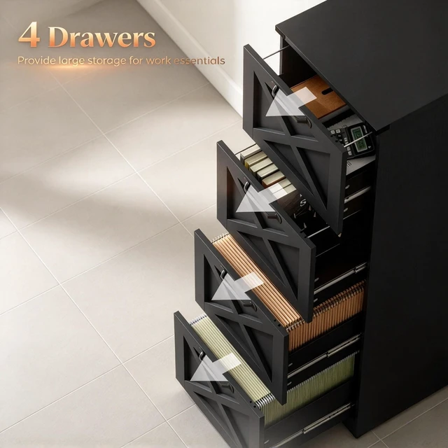 Alt view image 6 of 7 - Vertical Storage Drawer Cabinet Pattern Printer Stand, 4 Drawers Organizer Fits Letter Size Files, Black, Particle